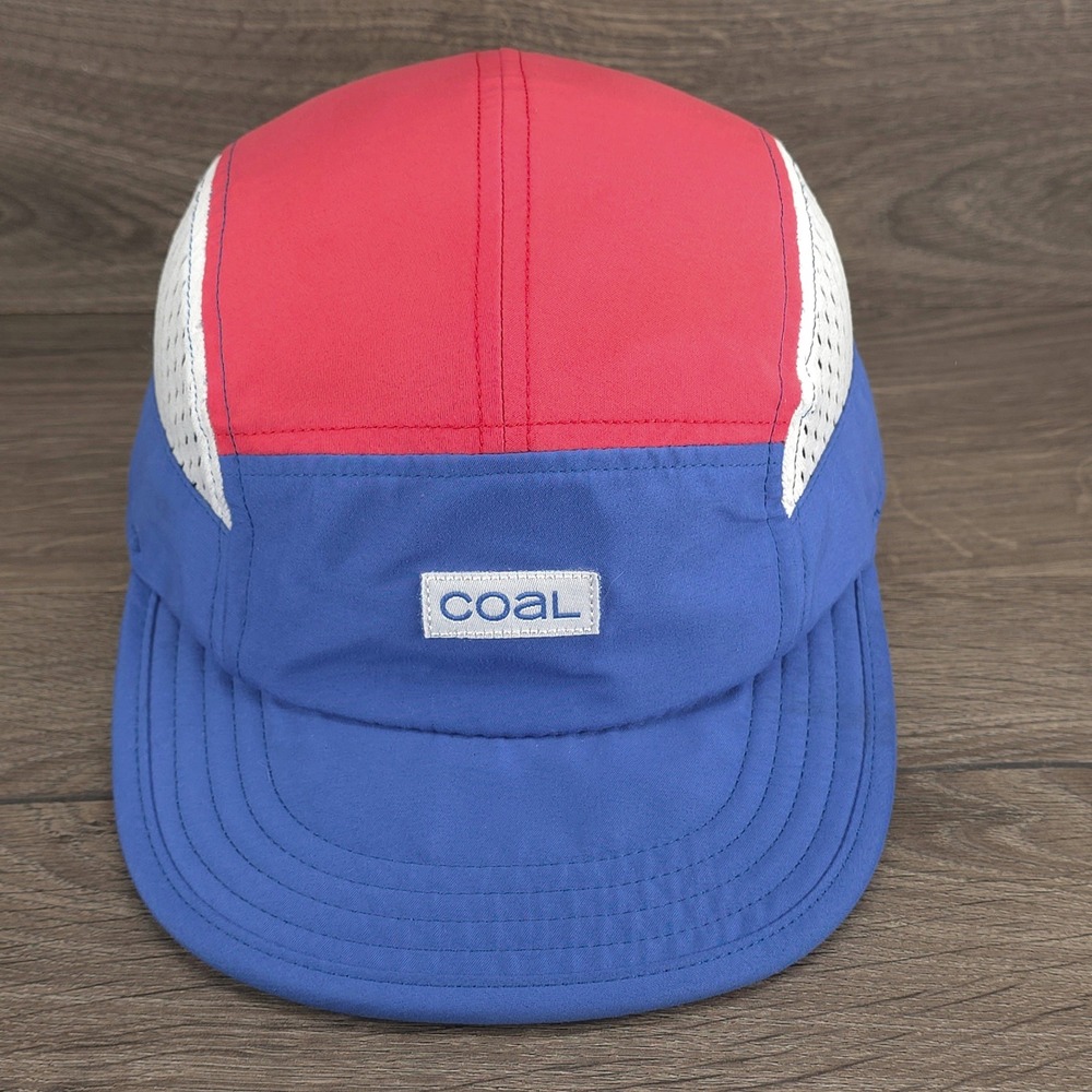 Coal Camp Hat 5 Panel Tri Color Cap Strap Back Blue Red Lightweight Run Hike